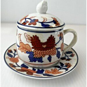 4 Fitz & Floyd Mandarin Garden Imari Japan Hong Kong Pot De Creme Cups & Saucers